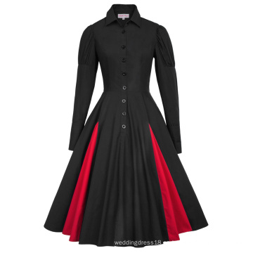 Belle Poque Estilo Retro Vintage Victoriano De Manga Larga Collar Contraste Color Negro Swing Vestido BP000366-1